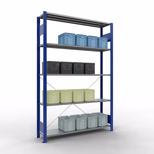 Productafbeelding nr. 6 van het artikel basisrek, legbord, insteeksysteem MULTIplus150, 2000 x 1300 x 300 mm, 5 legborden, RAL 5010 gentiaanblauw/verzinkt uit het insteeksysteem assortiment van Schulte Lagertechnik