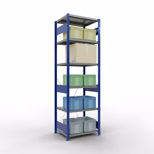 Productafbeelding nr. 14 van het artikel basisplank, legbord, insteeksysteem MULTIplus250, 2500 x 750 x 600 mm (HxBxD), 6 legborden, kruisschoor, RAL 5010 gentiaanblauw/verzinkt/verzinkt Figuur nr. 14 van het artikel basisrek, legbord, insteeksysteem MULTIplus250, 2500 x 750 x 600 mm, 6 legborden, kruisschoor, RAL 5010 gentiaanblauw/verzinkt/verzinkt uit de insteeksysteem productgroep van Schulte Lagertechnik.