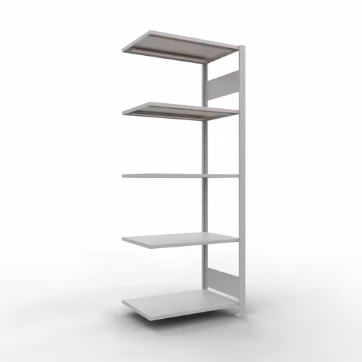 Aanbouwrekken, rekken, insteeksysteem MULTIplus150, 2000 x 750 x 500 mm (HxBxD), 5 planken, lengtestangen, RAL 7035 lichtgrijs van Schulte Lagertechnik Aanbouwrekken, rekken, insteeksysteem MULTIplus150, 2000 x 750 x 500 mm (HxBxD), 5 legborden, lengtebalk, RAL 7035 lichtgrijs, aanbouwplank, art.nr. 32655-75-LR