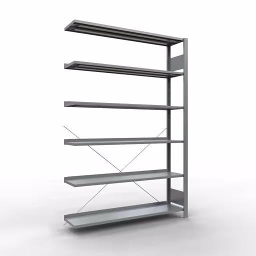 Figuur nr. 9 van het artikel aanbouwrekken, kantoorrekken, insteeksysteem MULTIplus85, 2000 x 1300 x 300 mm, 6 legborden, kruisschoor, verzinkt, met aanslaglijst uit de productgroep kantoorrekken van Schulte Lagertechnik.
