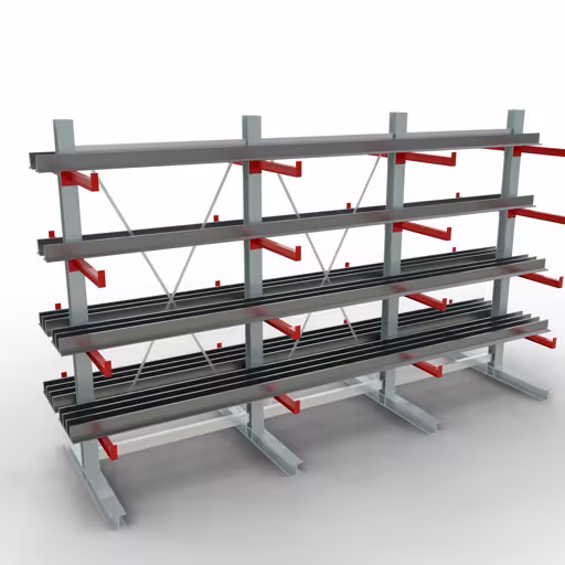 Productafbeelding nr. 10 van artikel K 3000 complete plank, dubbelzijdig, 2500 x 3900 x 600 mm, RAL 7001 / RAL 3000, 5 opslagniveaus Afbeelding nr. 10 van artikel K 3000 complete stelling, dubbelzijdig, 2500 x 3900 x 600 mm, RAL 7001 / RAL 3000, 5 opslagniveaus uit de productgroep draagarmstellingen van Schulte Lagertechnik