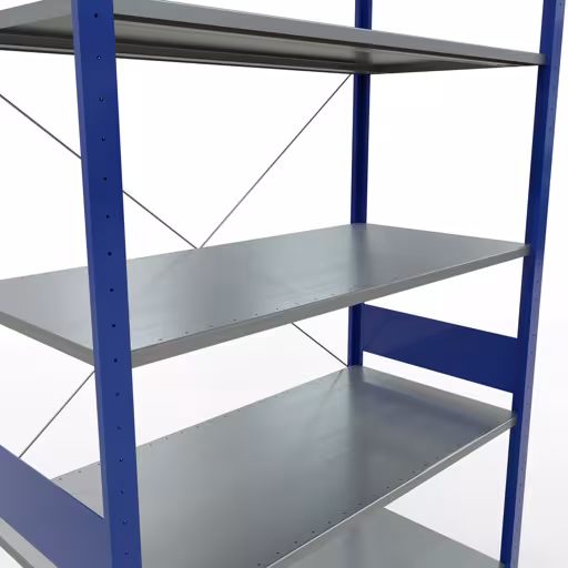 Basisplank, legplank, insteeksysteem MULTIplus150, 3000 x 1300 x 600 mm (HxBxD), 7 legborden, kruisschoor, RAL 5010 gentiaanblauw/verzinkt uit de categorie basisplanken met de GTIN 4004514280947 Basisplank, legbord, insteeksysteem MULTIplus150, 3000 x 1300 x 600 mm, 7 legborden, RAL 5010 gentiaanblauw/gegalvaniseerd van het merk Schulte Lagertechnik uit het assortiment insteeksysteem