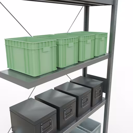 Aanbouwrekken, rekken, insteeksysteem MULTIplus330, 3000 x 1000 x 300 mm (HxBxD), 7 legborden, kruisschoor, verzinkt uit de categorie aanbouwrekken met de GTIN 4004514203311 Aanbouwrekken, rekken, insteeksysteem MULTIplus330, 3000 x 1000 x 300 mm, 7 legborden, kruisschoor, verzinkt van Schulte Lagertechnik uit het assortiment insteeksysteem