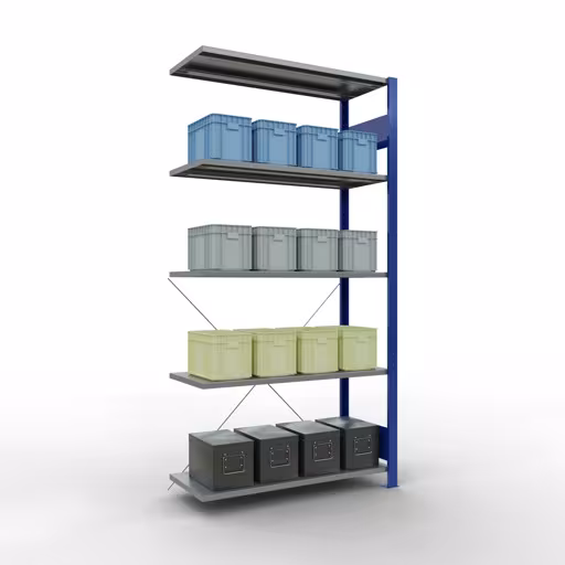 Aanbouwrekken, rekken, insteeksysteem MULTIplus150, 2000 x 1000 x 400 mm (HxBxD), 5 legborden, kruisschoor, RAL 5010/verzinkt uit de categorie aanbouwrekken met GTIN 4004514208798 Aanbouwrek, stelling, insteeksysteem MULTIplus150, 2000 x 1000 x 400 mm, 5 legborden, RAL 5010/verzinkt van het merk Schulte Lagertechnik uit het assortiment insteeksysteem