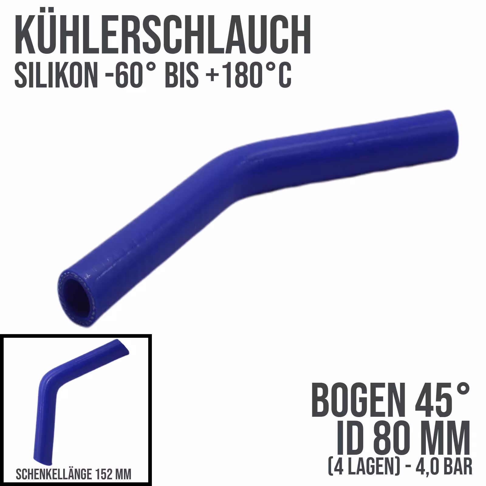 80 x 90 mm radiateurslang siliconen bocht 45° LLK inlaatlucht koelvloeistofslang blauw (4,0 bar) - 152 mm van het merk DEINSCHLAUCH24 80 x 90 mm radiateurslang siliconen bocht 45° LLK inlaatlucht koelvloeistofslang blauw (4,0 bar) - 152 mm uit de categorie koelvloeistofslangen met artikelnummer KSB080-045-152GA