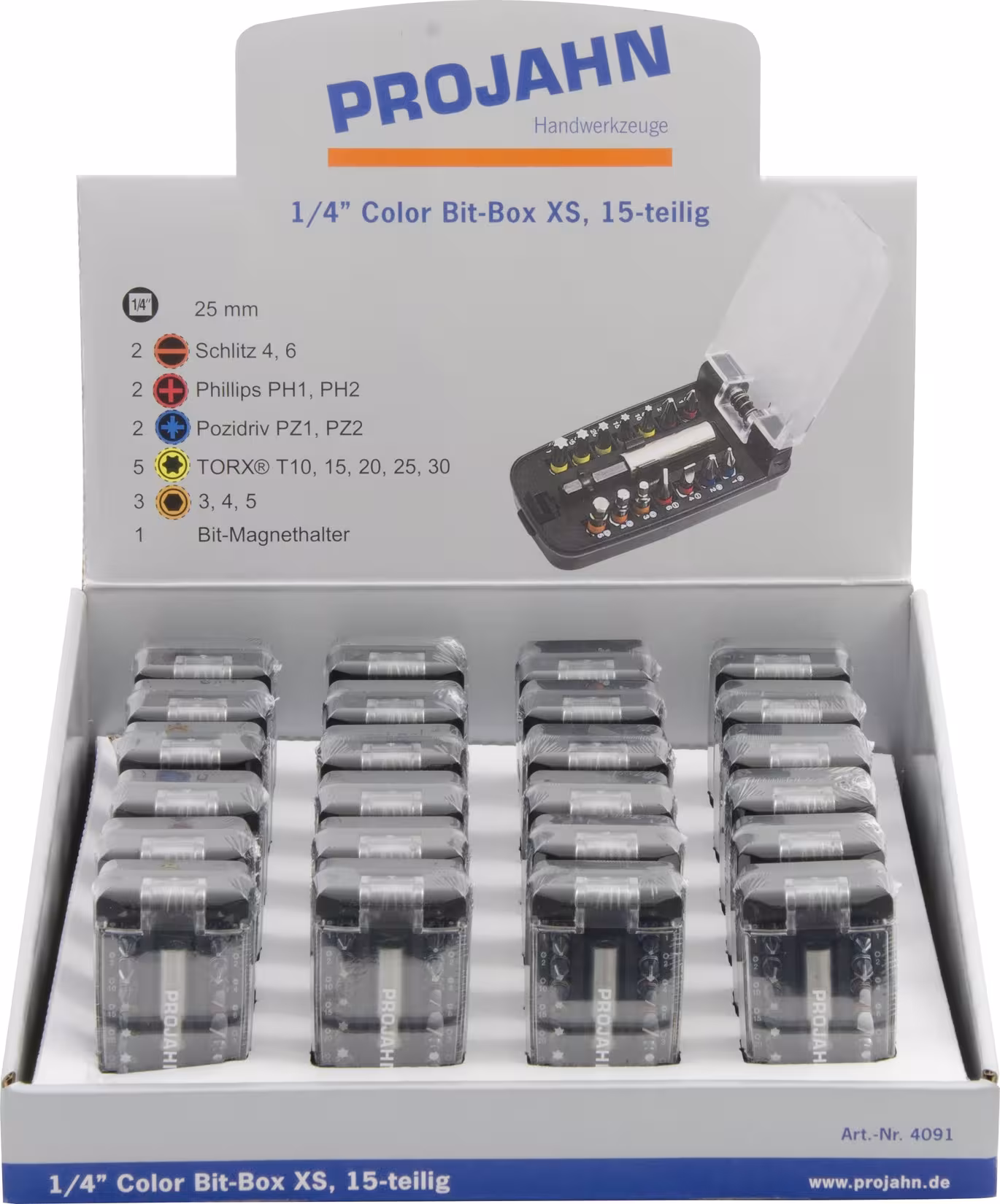 1/4" bitbox met gemarkeerde bits 15 stuks van PROJAHN met artikelnr. 4091