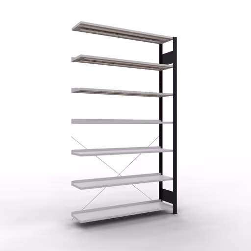 Aanbouwstelling, kantoorstelling, insteeksysteem MULTIplus85, 2300 x 1300 x 300 mm (HxBxD), 7 legborden, kruisschoor, met aanslaglijst, zwart/lichtgrijs, insteeksysteem, art.nr. 36017-S