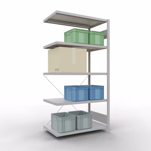 Productafbeelding nr. 14 van het artikel Aanbouwrekken, legbord, insteeksysteem MULTIplus330, 2000 x 1000 x 600 mm, 5 legborden, kruisschoor, RAL 7035 lichtgrijs Figuur nr. 14 van het artikel aanbouwrekken, legbordstellingen, insteeksysteem MULTIplus330, 2000 x 1000 x 600 mm, 5 legborden, kruisschoor, RAL 7035 lichtgrijs uit de insteeksysteem productgroep van Schulte Lagertechnik.