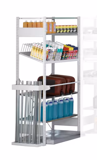 Basisplank, plankmodule M1, 2000 x 1000 x 500 mm, RAL 7035 lichtgrijs/gegalvaniseerd, 4 MULTIplus150 planken van Schulte Lagertechnik uit het plug-in systeem-assortiment