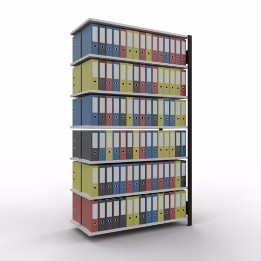 Productafbeelding nr. 12 van het artikel Aanbouwstelling, kantoorstelling, insteeksysteem MULTIplus150, 2300 x 1300 x 600 mm, 7 legborden, lengtestangen, met middenaanslag, zwart/lichtgrijs Figuur nr. 12 van het artikel, kantoorrekken, insteeksysteem MULTIplus150, 2300 x 1300 x 600 mm, 7 planken, met middenaanslag, zwart/lichtgrijs uit de productgroep kantoorrekken van Schulte Lagertechnik.