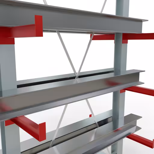 Productafbeelding nr. 11 van artikel K 3000 complete plank, dubbelzijdig, 2500 x 1300 x 400 mm, RAL 7001 / RAL 3000, 5 opslagniveaus Afbeelding nr. 11 van het artikel K 3000 complete stelling, dubbelzijdig, 2500 x 1300 x 400 mm, RAL 7001 / RAL 3000, 5 opslagniveaus uit de productgroep draagarmstellingen van Schulte Lagertechnik