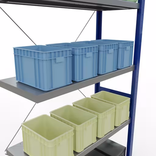 Andere weergave van het artikel Aanbouwplank, legbord, insteeksysteem MULTIplus250, 3000 x 1000 x 400 mm, 7 legborden, kruisschoor, RAL 5010 gentiaanblauw/verzinkt uit de categorie insteeksysteem