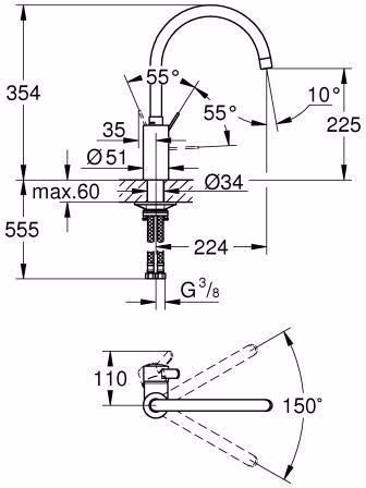 Technische Zeichnung 4077837 GROHE ééngreeps wastafelmengkraan Eurosmart C 32843 hoge uitloop chroom
