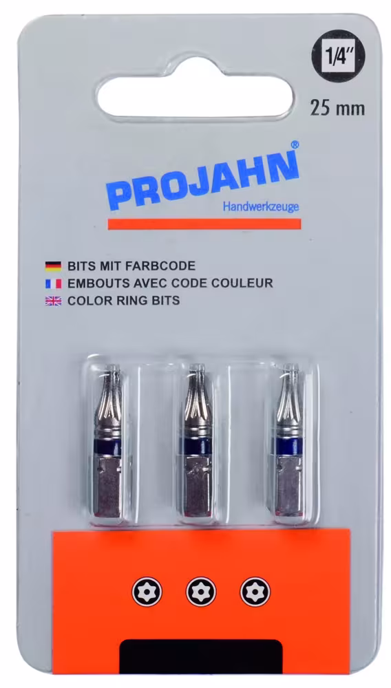 1/4" gemarkeerde bit L25 mm TX met gat T30, set van 3 van PROJAHN Kleurringbit voor binnen-TX-schroeven met borgpen 6.3, bits & bithouder, art.nr. 1756-1703