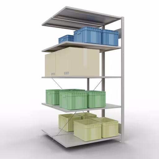 Aanbouwstelling, dubbele stelling, stellingsysteem MULTIplus150, 2000 x 1000 x (2x500) mm (HxBxD), 2x5 legborden, kruisschoor, RAL 7035 lichtgrijs met artikelnr. 32755 Aanbouwrekken, dubbele rekken, rekkensysteem MULTIplus150, 2000 x 1000 x (2x500) mm, 2x5 planken, kruisschoor, RAL 7035 lichtgrijs van Schulte Lagertechnik uit de categorie rekken