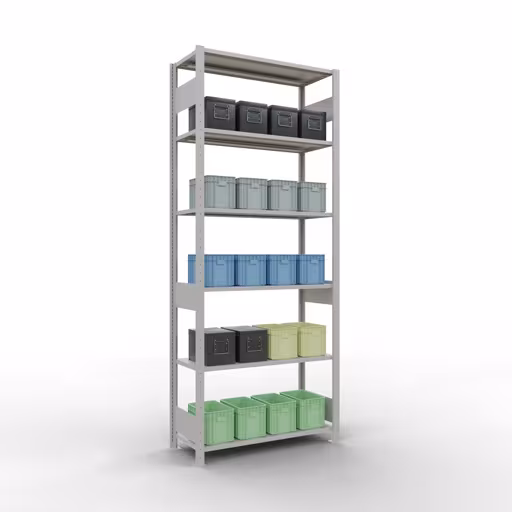 Andere weergave van het artikel Basisplank, legbord, insteeksysteem MULTIplus150, 2500 x 1000 x 400 mm (HxBxD), 6 legborden, lengtestangen, RAL 7035 lichtgrijs Andere weergave van het artikel Basisplank, legbord-insteeksysteem MULTIplus150, 2500 x 1000 x 400 mm, 6 legborden, RAL 7035 lichtgrijs uit de categorie insteeksysteem