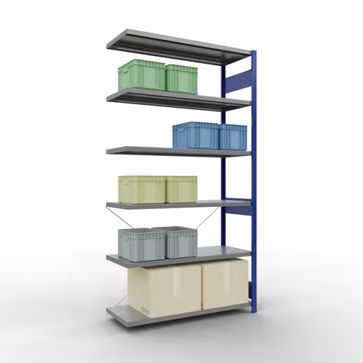 Afbeelding nr. 14 van het artikel aanbouwrekken, legbordstellingen, insteeksysteem MULTIplus250, 2500 x 1300 x 500 mm, 6 legborden, kruisschoor, RAL 5010 gentiaanblauw/verzinkt uit de productgroep insteeksysteem van Schulte Lagertechnik.