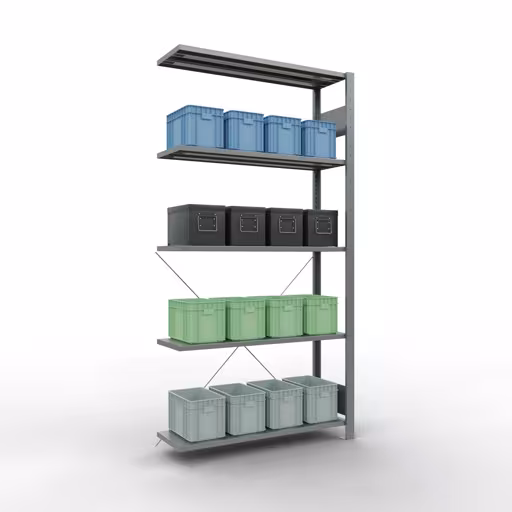 Productafbeelding nr. 13 van het artikel Aanbouwstelling, stellingstelling, insteeksysteem MULTIplus85, 2000 x 1000 x 300 mm (HxBxD), 5 legborden, kruisschoor, verzinkt Figuur nr. 13 van het artikel aanbouwrekken, legbordstellingen, insteeksysteem MULTIplus85, 2000 x 1000 x 300 mm, 5 legborden, verzinkt uit de productgroep insteeksysteem van het merk Schulte Lagertechnik.