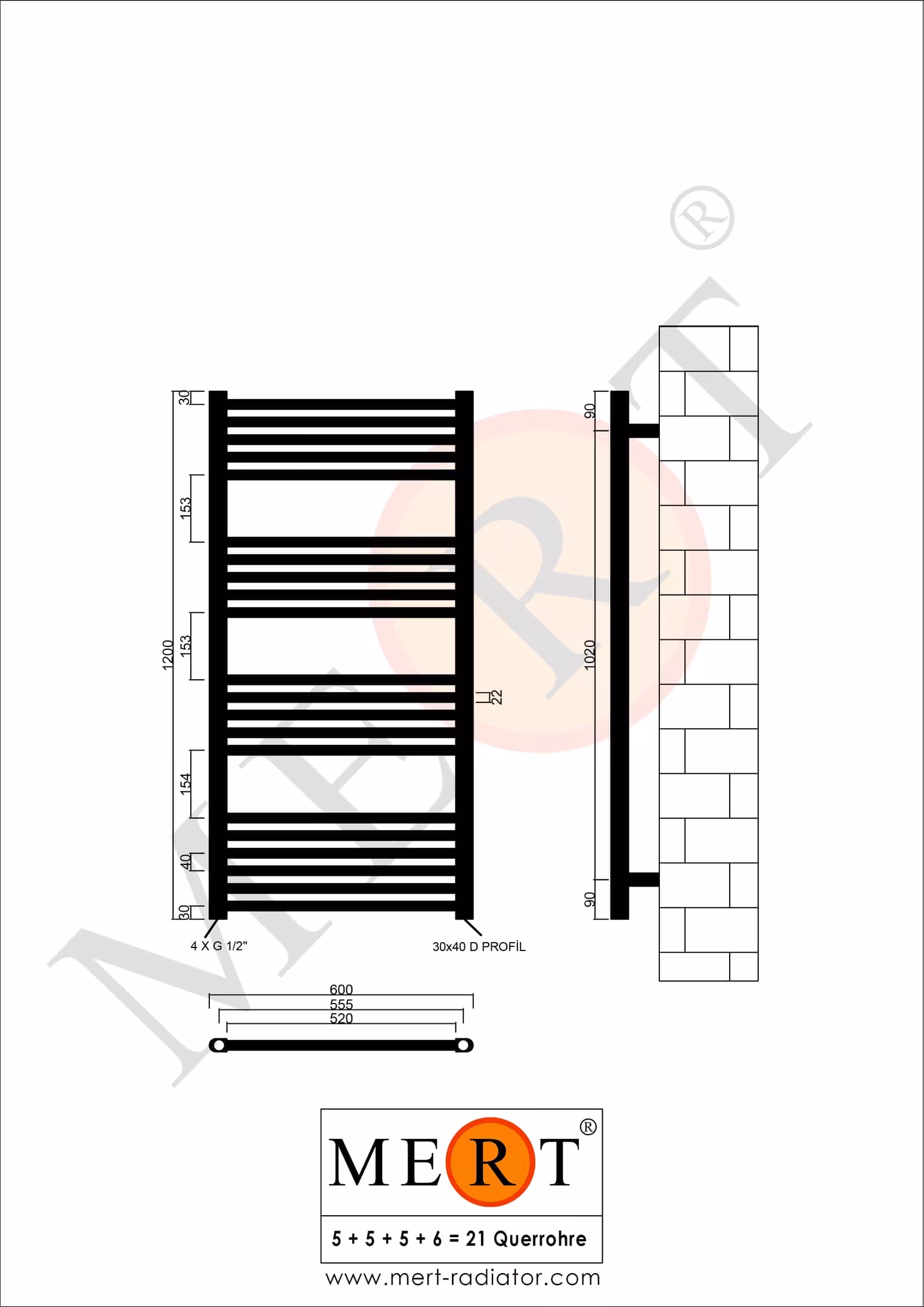 MERT vervangende badkamerradiator wit recht, 600*1200 mm, standaard rechts/links aansluiting (GEEN middenaansluiting) van MERT met art.nr. 1-60x120-S