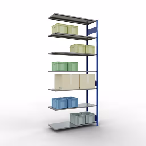 Aanbouwrek, stelling MULTIplus150 insteeksysteem, 3000 x 1300 x 500 mm (HxBxD), 7 legborden, lengtestangen, RAL 5010 gentiaanblauw/verzinkt met de GTIN 4004514280763 Aanbouwrekken, legbordstellingen, insteeksysteem MULTIplus150, 3000 x 1300 x 500 mm, 7 legborden, RAL 5010 gentiaanblauw/verzinkt van Schulte Lagertechnik met artikelnr. 12757-130-LR-B