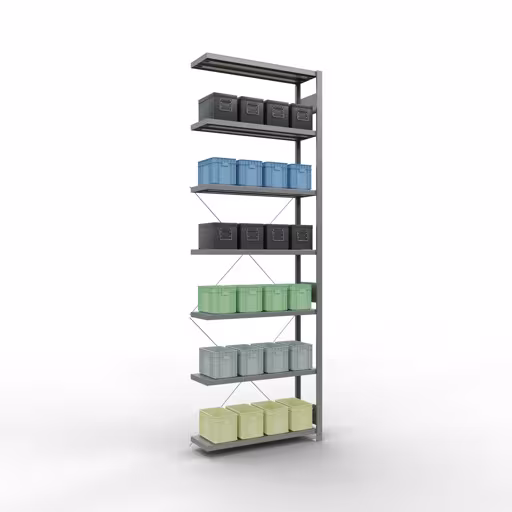 Extra afbeelding van het artikel Aanbouwplank, stellingkast MULTIplus250 insteeksysteem, 3000 x 1000 x 300 mm, 7 legborden, kruisschoor, verzinkt vanaf aanbouwplank