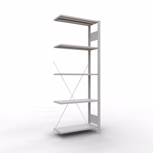 Aanbouwrekken, rekken, insteeksysteem MULTIplus150, 2000 x 750 x 300 mm (HxBxD), 5 planken, kruisschoor, RAL 7035 lichtgrijs van Schulte Lagertechnik Aanbouwrekken, legborden, insteeksysteem MULTIplus150, 2000 x 750 x 300 mm (HxBxD), 5 legborden, kruisschoor, RAL 7035 lichtgrijs, aanbouwplank, art.nr. 32635-75