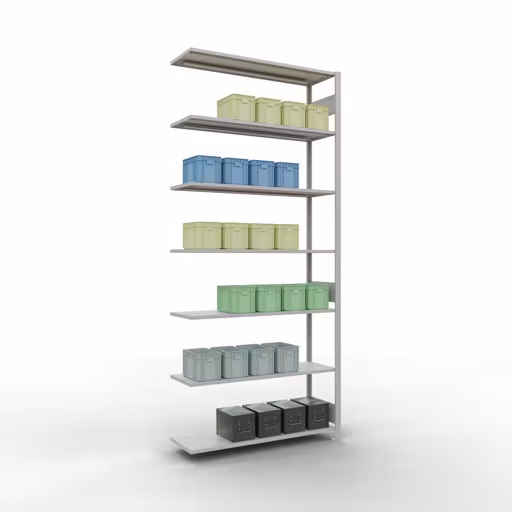 Aanbouwrekken, rekken, insteeksysteem MULTIplus150, 3000 x 1300 x 400 mm (HxBxD), 7 legborden, lengtestangen, RAL 7035 lichtgrijs uit de categorie aanbouwrekken met GTIN 4004514292933 Aanbouwrek, stelling, insteeksysteem MULTIplus150, 3000 x 1300 x 400 mm, 7 legborden, lengtestangen, RAL 7035 lichtgrijs van Schulte Lagertechnik uit het assortiment insteeksysteem