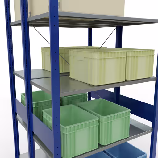 Basisplank, dubbele plank, rekkensysteem MULTIplus150, 3000 x 1000 x (2x1000) mm (HxBxD), 2x7 planken, kruisschoor, RAL 5010 gentiaanblauw uit de categorie dubbele rekken met de GTIN 4058255035281 Basisplank, dubbele plank, rekkensysteem MULTIplus150, 3000 x 1000 x (2x1000) mm, 2x7 planken, kruisschoor, RAL 5010 gentiaanblauw van Schulte Lagertechnik uit het rekkenprogramma