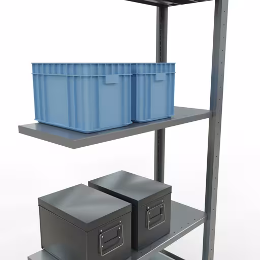 Extra afbeelding bij het artikel Aanbouwrekken, legbordstellingen, insteeksysteem MULTIplus150, 2000 x 750 x 300 mm (HxBxD), 5 legborden, lengtestangen, verzinkt Extra afbeelding van het artikel Aanbouwplank, legplank, insteeksysteem MULTIplus150, 2000 x 750 x 300 mm, 5 legborden, verzinkt vanaf opzetplank