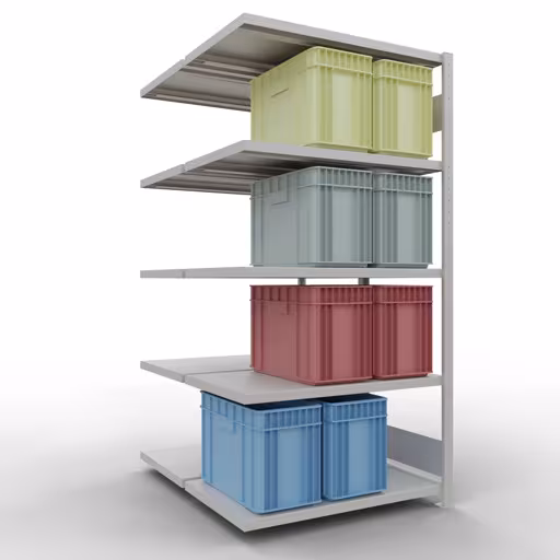 Extra afbeelding van het artikel Aanbouwplank, dubbele plank, legplank-insteeksysteem MULTIplus250, 2000 x 1000 x (2x600) mm, 2x5 legborden, lengtestangen, RAL 7035 lichtgrijs van dubbele legborden