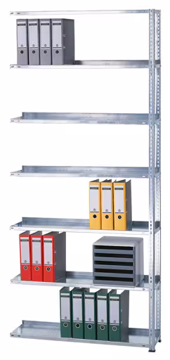 Aanbouwstelling, kantoorstelling, schroefsysteem MULTIplus85, 2300 x 1300 x 300 mm (HxBxD), 6 legborden, verzinkt, met aanslaglijst, schroefsysteem, art.nr. 17125
