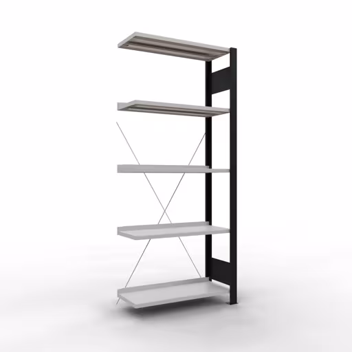 Aanbouwstelling, kantoorstelling, insteeksysteem MULTIplus85, 1800 x 750 x 300 mm (HxBxD), 5 legborden, kruisschoor, met aanslaglijst, zwart/lichtgrijs, insteeksysteem, art.nr. 36003-S