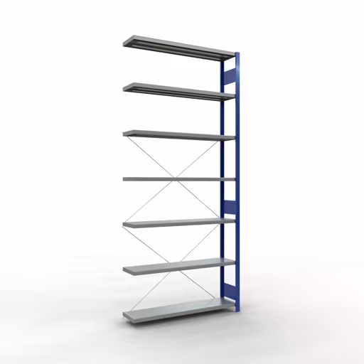 Aanbouwrekken, stellingkast MULTIplus250 insteeksysteem, 3000 x 1300 x 300 mm (HxBxD), 7 legborden, kruisschoor, RAL 5010 gentiaanblauw/gegalvaniseerd van Schulte Lagertechnik Aanbouwrekken, legbordstellingen, insteeksysteem MULTIplus250, 3000 x 1300 x 300 mm (HxBxD), 7 legborden, kruisschoor, RAL 5010 gentiaanblauw/verzinkt, aanbouwplank, art.nr. 12937-130-B