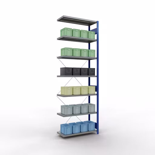 Aanbouwrekken, rekken, insteeksysteem MULTIplus330, 3000 x 1000 x 400 mm (HxBxD), 7 planken, kruisschoor, RAL 5010 gentiaanblauw/verzinkt van Schulte Lagertechnik met artikelnr. 13947-B