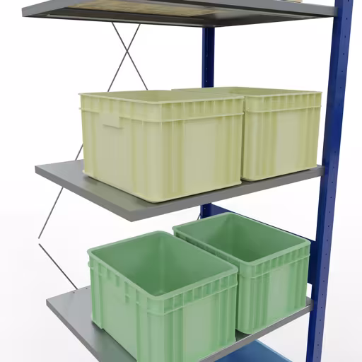 Extra afbeelding van het artikel Aanbouwplank, legbord, insteeksysteem MULTIplus150, 3000 x 750 x 600 mm (HxBxD), 7 legborden, kruisschoor, RAL 5010 gentiaanblauw/verzinkt/verzinkt Extra afbeelding van het artikel opzetplank, legplank, insteeksysteem MULTIplus150, 3000 x 750 x 600 mm, 7 legborden, RAL 5010 gentiaanblauw/verzinkt/verzinkt vanaf opzetplank