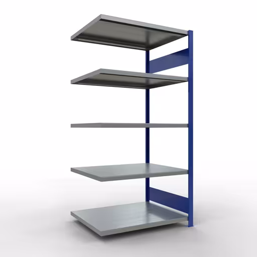Aanbouwrekken, rekken, insteeksysteem MULTIplus250, 2000 x 1000 x 800 mm (HxBxD), 5 legborden, lengtebalk, RAL 5010 gentiaanblauw/verzinkt, aanbouwplank, art.nr. 12985-LR-B