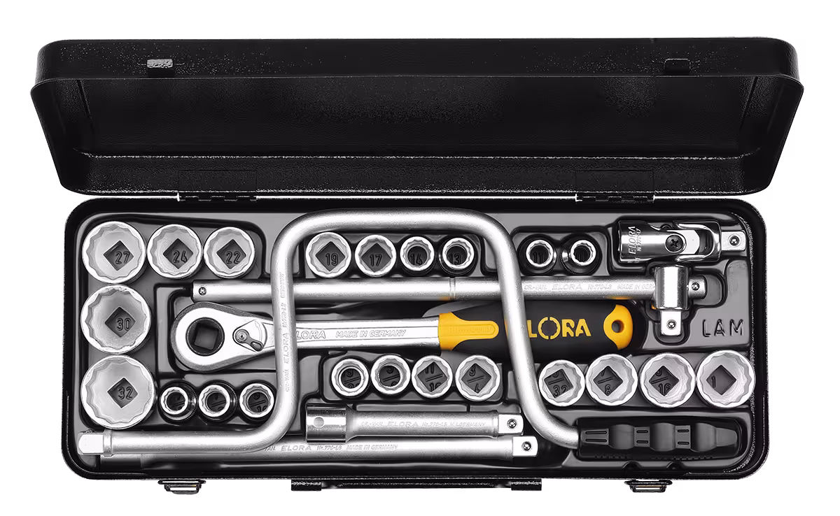 Dopsleutelset 1/2", zeskant, 28-delig mm+AF 771-LAMU van ELORA Dopsleutelset 1/2", 28-delig mm+AF, ELORA-770/771-LAMU uit de categorie dopsleutels 1/2" met artikelnr. 0771520402000