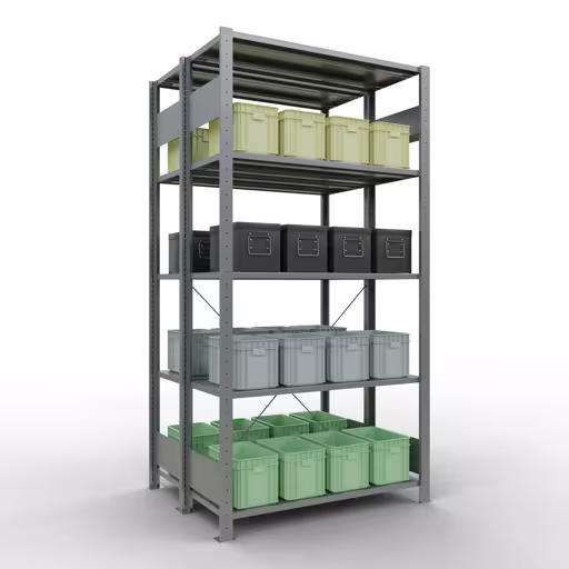 Productafbeelding nr. 13 van het artikel Basisplank, dubbele plank, legplank-insteeksysteem MULTIplus150, 2000 x 1000 x (2x400) mm (HxBxD), 2x5 legborden, kruisschoor, verzinkt Figuur nr. 13 van het artikel basisrek, dubbel legbord, legbordinsteeksysteem MULTIplus150, 2000 x 1000 x (2x400) mm, 2x5 legborden, kruisschoor, verzinkt uit de productgroep legbordstellingen van Schulte Lagertechnik.