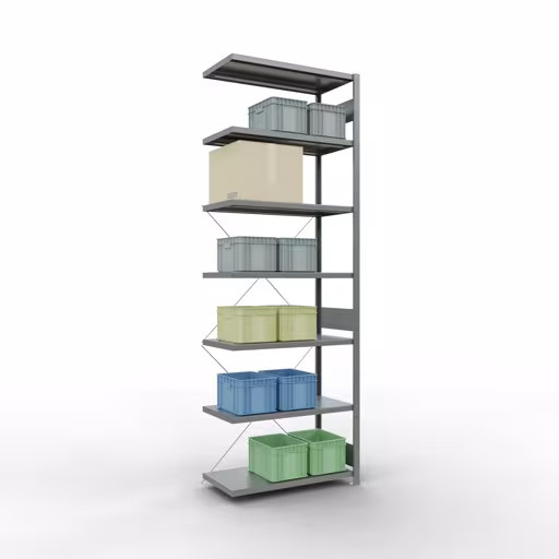 Figuur nr. 14 van het artikel aanbouwrekken, legbordstellingen, insteeksysteem MULTIplus330, 3000 x 1000 x 500 mm, 7 legborden, kruisschoor, verzinkt uit de productgroep insteeksysteem van Schulte Lagertechnik.