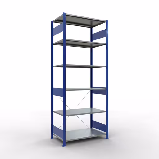 Basisplank, legplank, insteeksysteem MULTIplus150, 2500 x 1000 x 600 mm (HxBxD), 6 legborden, kruisschoor, RAL 5010/verzinkt, basisplank, art.nr. 12661-B
