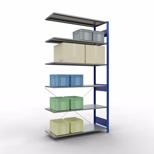 Andere weergave van het artikel Aanbouwrekken, legbordstellingen, insteeksysteem MULTIplus150, 2500 x 1300 x 500 mm (HxBxD), 6 legborden, kruisschoor, RAL 5010 gentiaanblauw/verzinkt Andere weergave van het artikel Aanbouwplank, legbord, insteeksysteem MULTIplus150, 2500 x 1300 x 500 mm, 6 legborden, RAL 5010 gentiaanblauw/verzinkt uit de categorie insteeksysteem