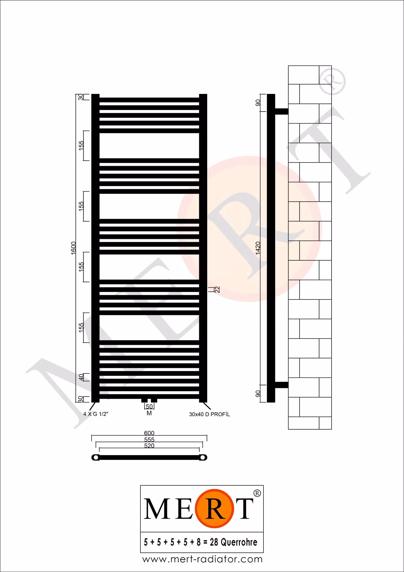 MERT badkamerradiator chroom recht, 600*1600 mm, middenaansluiting van MERT uit de categorie radiatoren