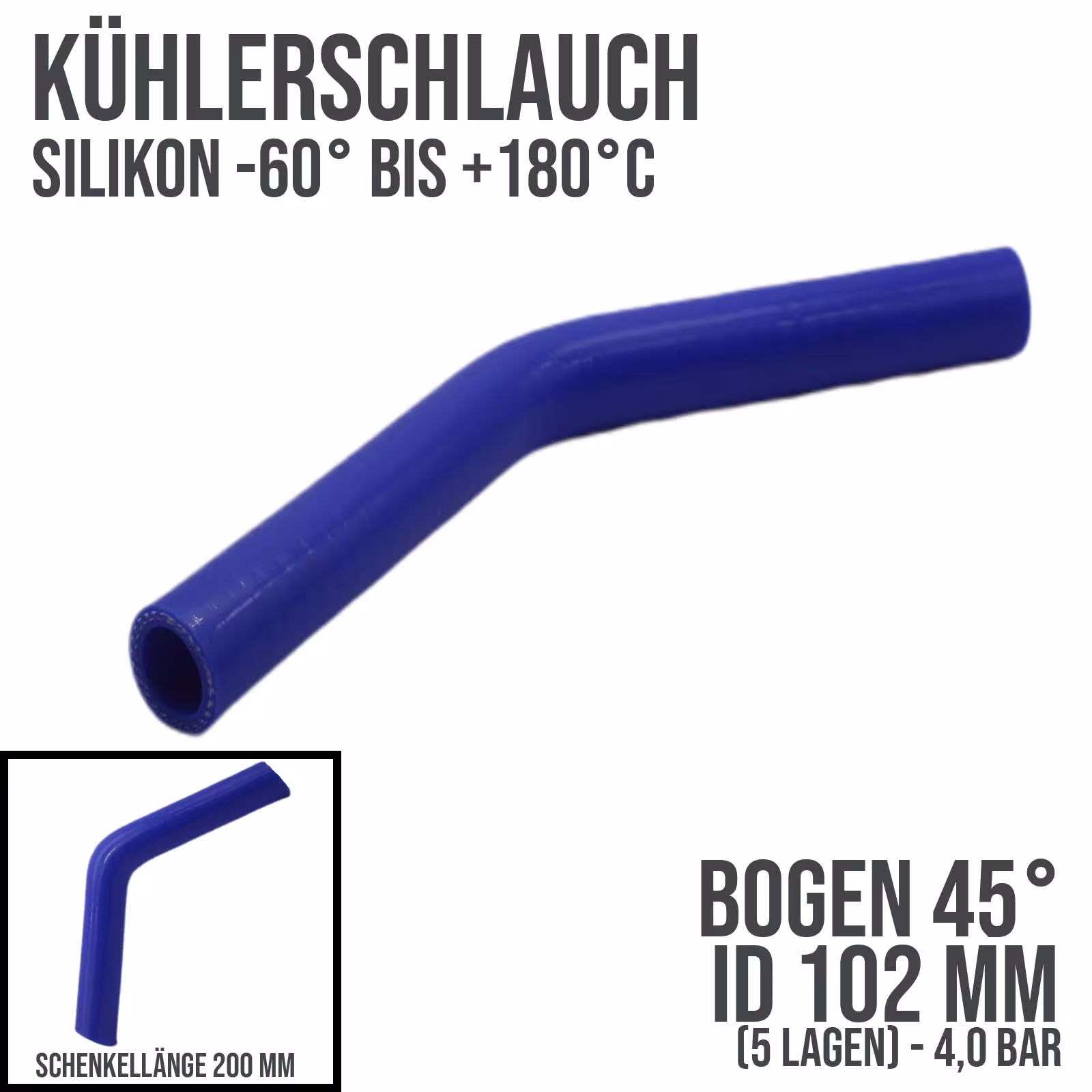 102 x 112 mm radiateurslang siliconen bocht 45° LLK inlaatlucht koelvloeistofslang blauw (4,0 bar) - 200 mm uit de categorie koelvloeistofslangen met het artikelnummer KSB102-045-200GA
