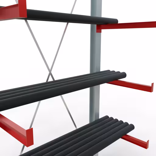 Productafbeelding nr. 10 van artikel K 6000 compleet legbord, eenzijdig, 3000 x 1500 x 750 mm, RAL 7001 / RAL 3000, 5 opbergniveaus Figuur nr. 10 van het artikel K 6000 complete stelling, eenzijdig, 3000 x 1500 x 750 mm, RAL 7001 / RAL 3000, 5 opslagniveaus uit de productgroep draagarmstellingen van Schulte Lagertechnik.