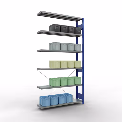 Afbeelding nr. 15 van het artikel aanbouwrekken, legbordstellingen, insteeksysteem MULTIplus250, 2500 x 1300 x 300 mm, 6 legborden, kruisschoor, RAL 5010 gentiaanblauw/verzinkt uit de productgroep insteeksysteem van Schulte Lagertechnik.