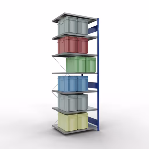 Andere weergave van het artikel Aanbouwrekken, legbord, insteeksysteem MULTIplus250, 3000 x 1000 x 800 mm, 7 legborden, kruisschoor, RAL 5010 gentiaanblauw/verzinkt uit de categorie insteeksystemen