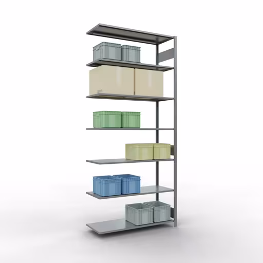 Aanbouwrekken, legborden, insteeksysteem MULTIplus150, 3000 x 1300 x 500 mm (HxBxD), 7 legborden, lengtestangen, verzinkt met GTIN 4004514280756 Aanbouwrekken, legbordstellingen, insteeksysteem MULTIplus150, 3000 x 1300 x 500 mm, 7 legborden, lengtestangen, verzinkt van Schulte Lagertechnik met artikelnr. 12757-130-LR