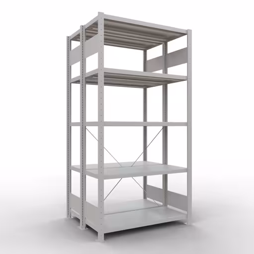 Andere weergave van het artikel Basisplank, dubbele plank, rekkensysteem MULTIplus250, 2000 x 1000 x (2x400) mm, 2x5 planken, kruisschoor, RAL 7035 lichtgrijs uit de categorie rekken