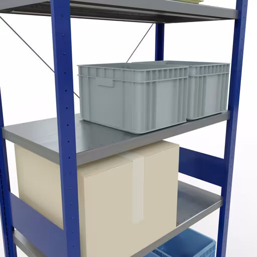 Basisplank, legplank, insteeksysteem MULTIplus250, 3000 x 1000 x 500 mm, 7 legborden, kruisschoor, RAL 5010 gentiaanblauw/verzinkt van Schulte Lagertechnik met artikelnr. 12952-B