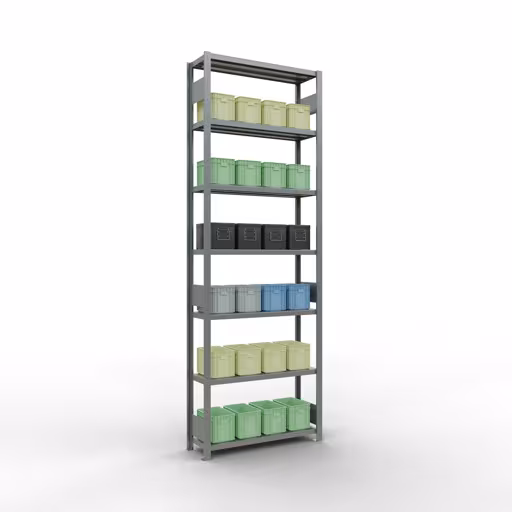 Productafbeelding nr. 15 van het artikel basisplank, legbord, insteeksysteem MULTIplus330, 3000 x 1000 x 300 mm (HxBxD), 7 legborden, lengtestangen, verzinkt Figuur nr. 15 van het artikel basisrek, legplank, insteeksysteem MULTIplus330, 3000 x 1000 x 300 mm, 7 legborden, lengtestangen, verzinkt uit de insteeksysteem productgroep van Schulte Lagertechnik.